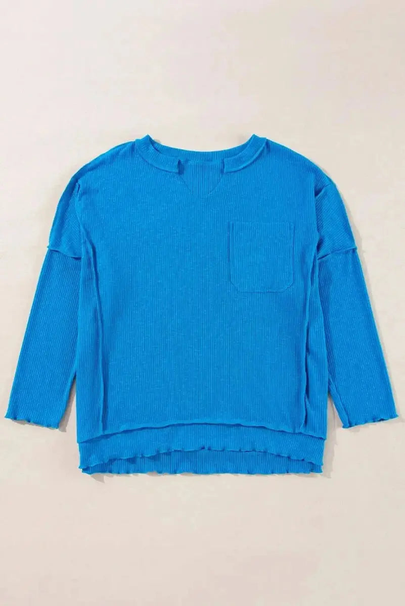 Exposed Seam Notched Long Sleeve Blouse - Love Salve